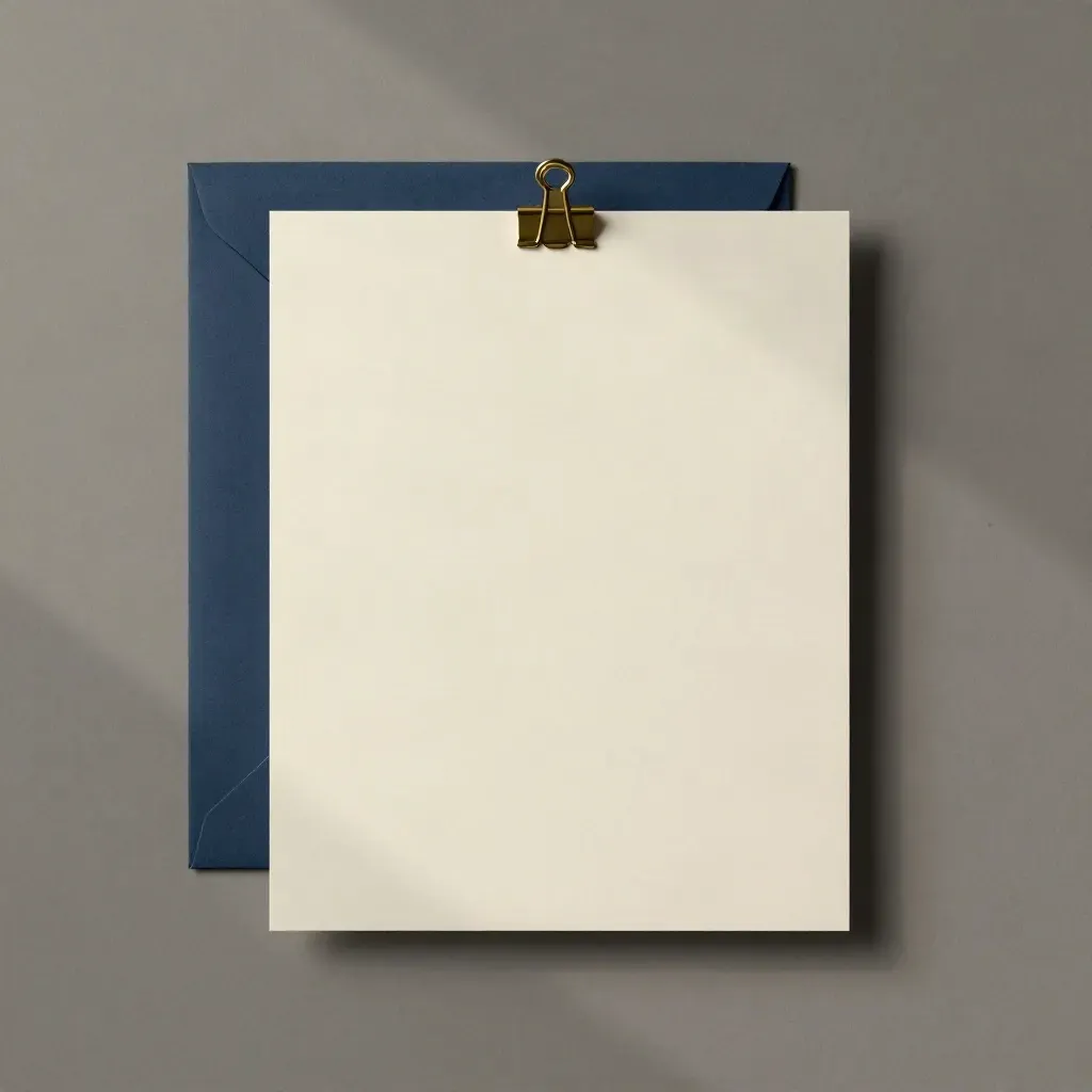 Overhead law firm letterhead pack, envelope sleeve, folded sheet and brass clip on warm grey board.