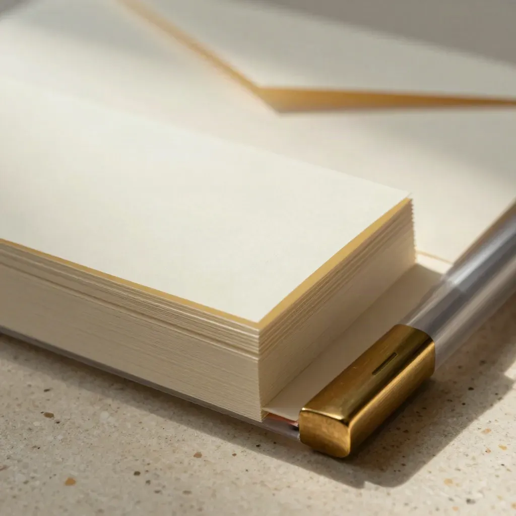 Macro of stationery bundle in tissue wrap with paper edges, envelopes and brass accent on travertine.