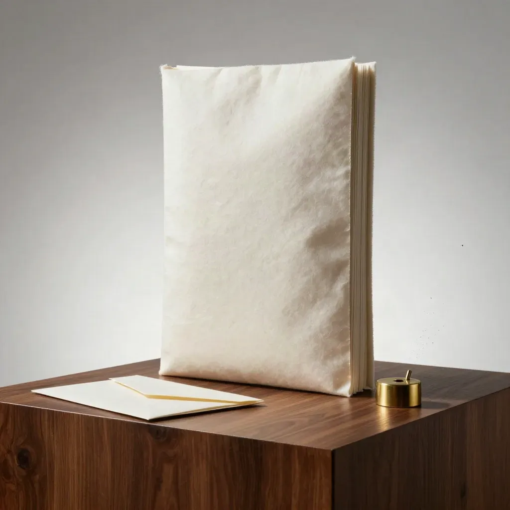 Heavyweight white letterhead pack with sample sheet, envelope, and brass weight on walnut plinth.
