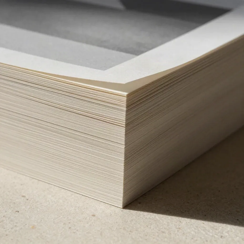 Macro of stacked letter-size paper edges on stone with a folded corner and charcoal card.
