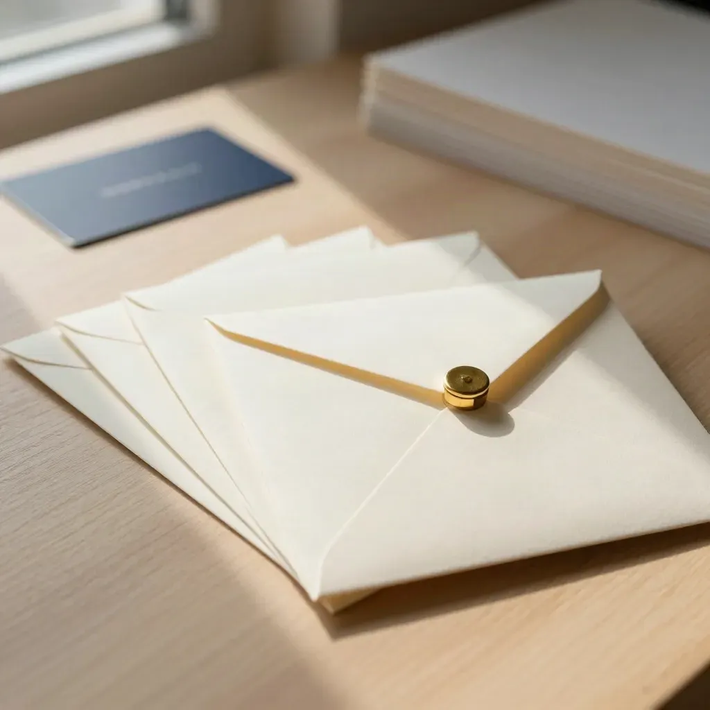 Blank envelopes fanned beside a letterhead sheet and brass clip on pale wood