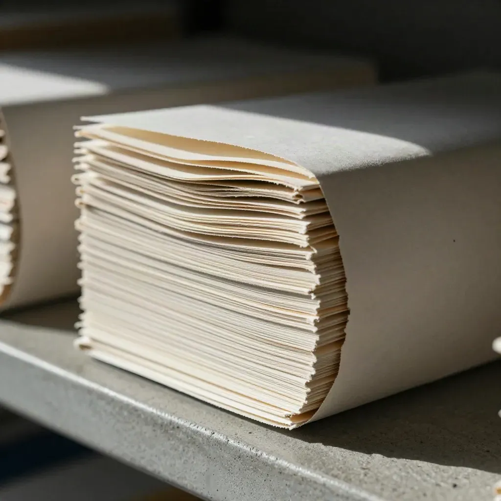 Macro fan of recycled office paper with rough fibers, deckled edges, and a plain wrap on concrete.