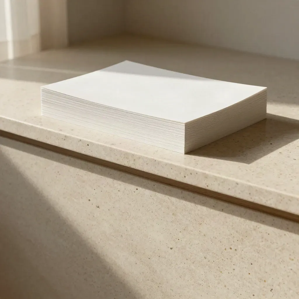 Travertine counter with oak ledge, linen curtain and stacked letterhead sheets in soft morning light.